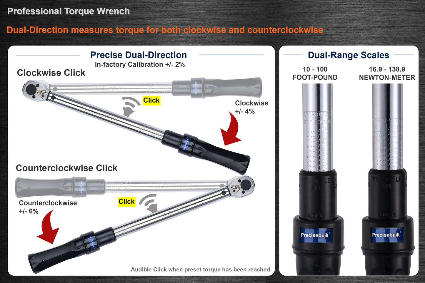 3/8" Drive 10-100 ft-lb (16.9-138.9 Nm) Dual-Direction Click Professional Torque Wrench