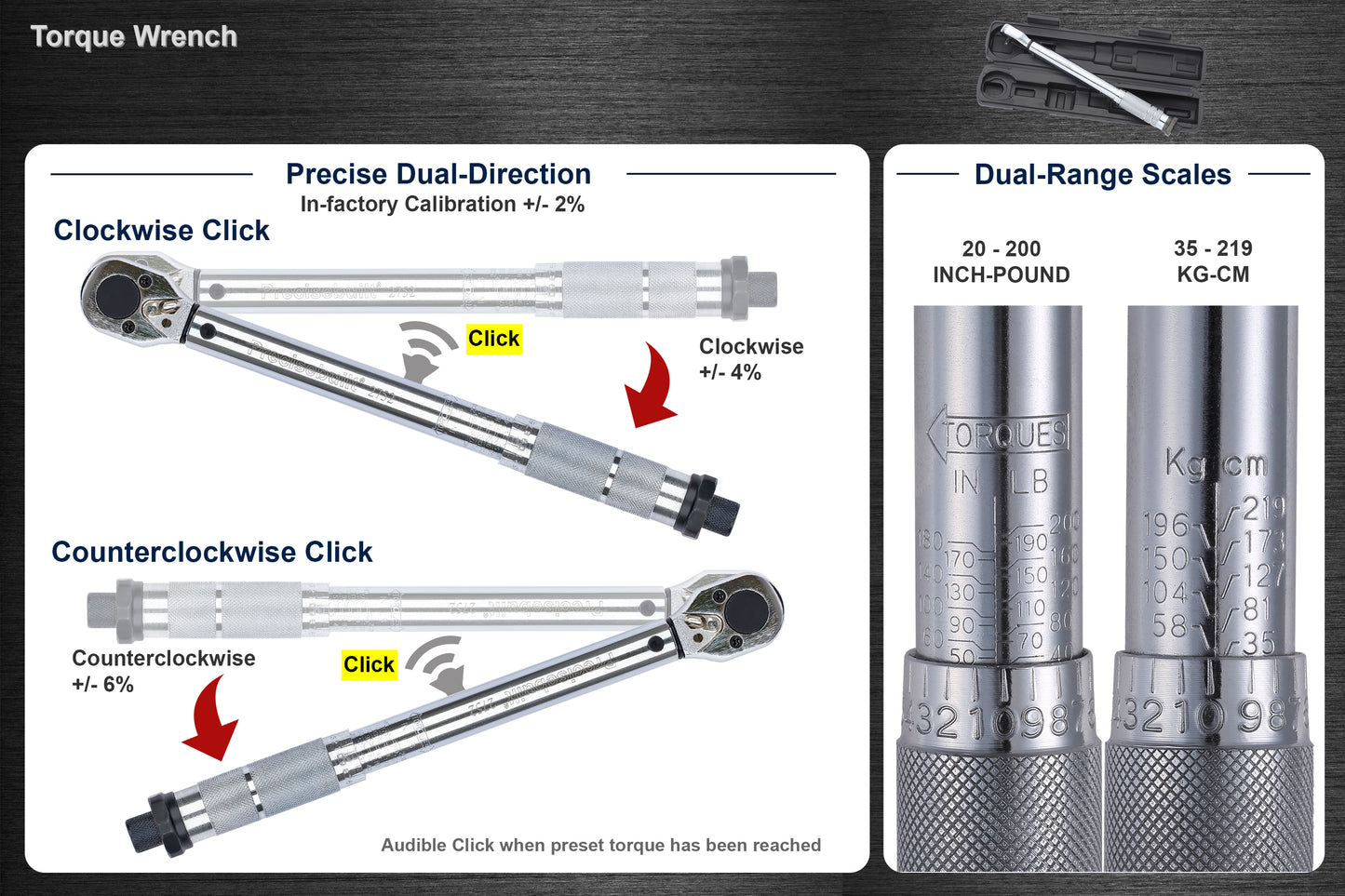 1/4" Drive 20-200 in-lb (35-219 kg-cm) Dual-Direction Click Torque Wrench