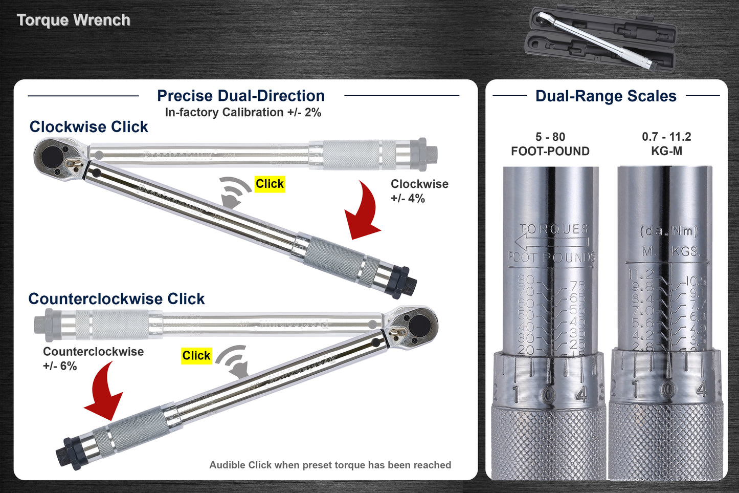 3/8" Drive 5-80 ft-lb (0.7-11.2 kg-m) Dual-Direction Click Torque Wrench