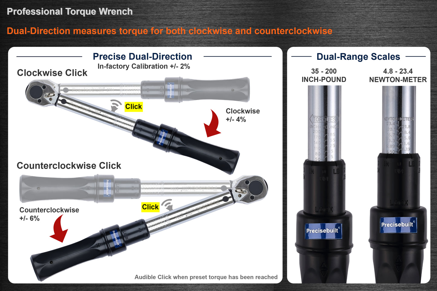 3/8" Drive 35-200 in-lb (4.8-23.4 Nm) Dual-Direction Click Professional Torque Wrench