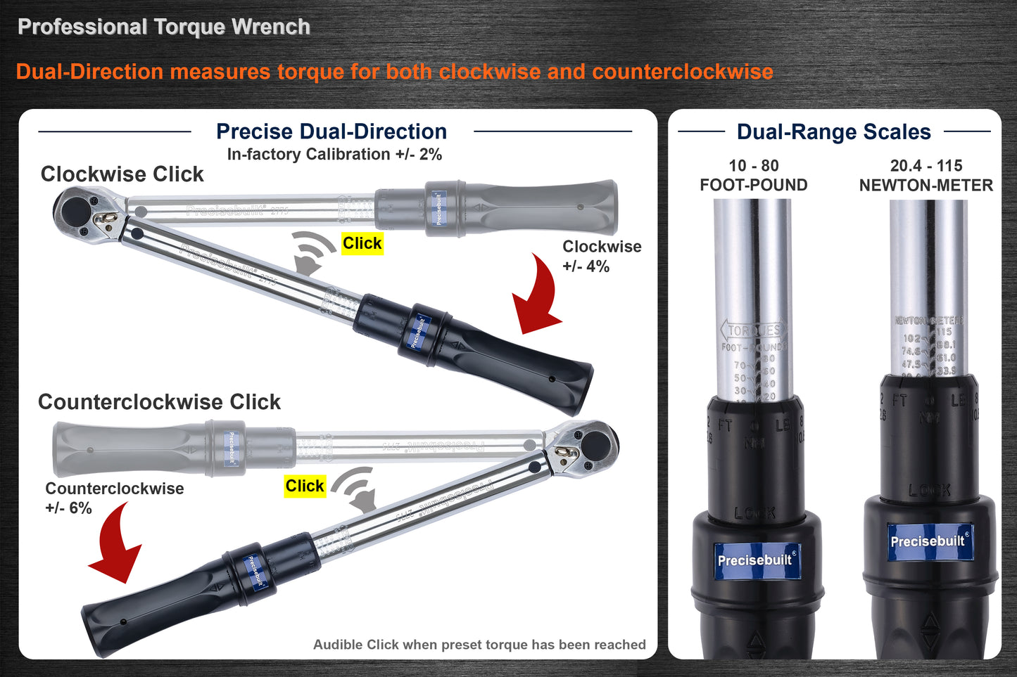 3/8" Drive 10-80 ft-lb (20.4-115 Nm) Dual-Direction Click Professional Torque Wrench