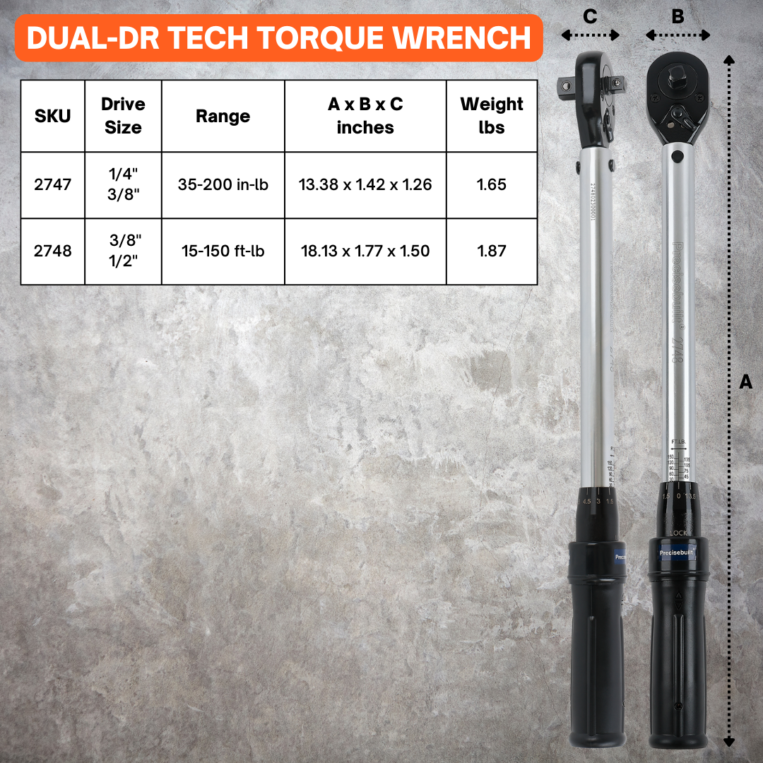 1/4" x 3/8" Dual-Drive 35-200 in-lb Click Tech Torque Wrench