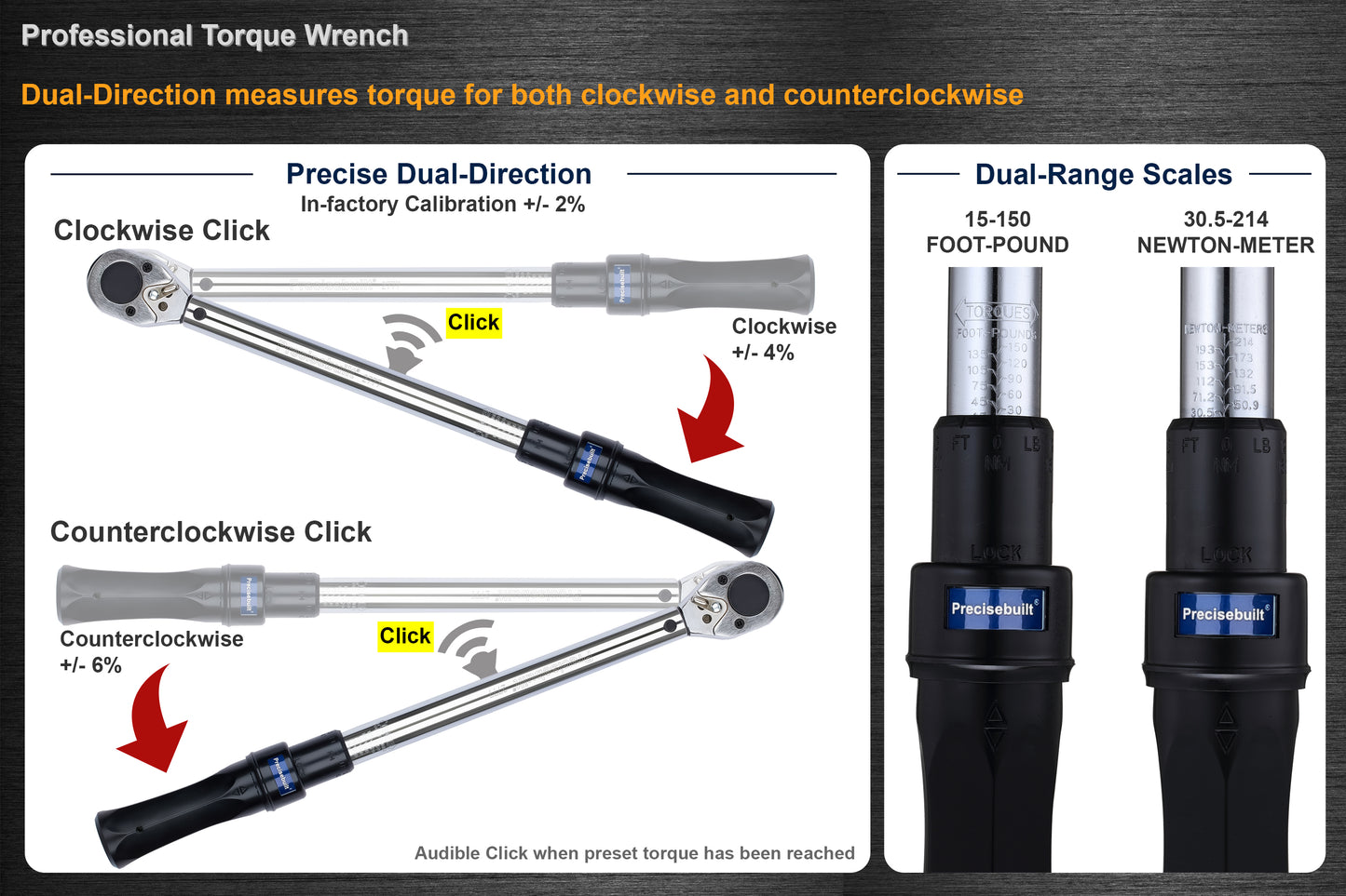 1/2" Drive 15-150 ft-lb (30.5-214 Nm) Dual-Direction Click Professional Torque Wrench